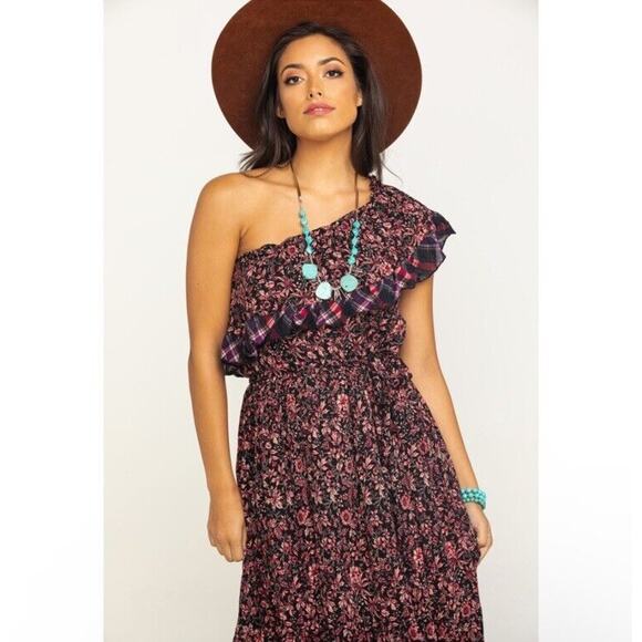 Free People Dress Women XS Floral Maxi Long One Shoulder Ruffle Tiered ALTERED - Picture 4 of 13